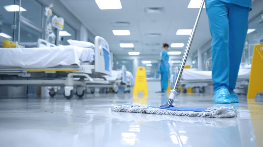 hospital cleaning staff disinfecting sterile floor with mop, medical beds in background, bright fluorescent lighting, sanitized white interior, professional hygiene concept